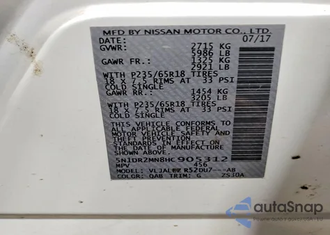 2017 Nissan Pathfinder S из США, поврежденный, VIN 5N1DR2MN8HC905312